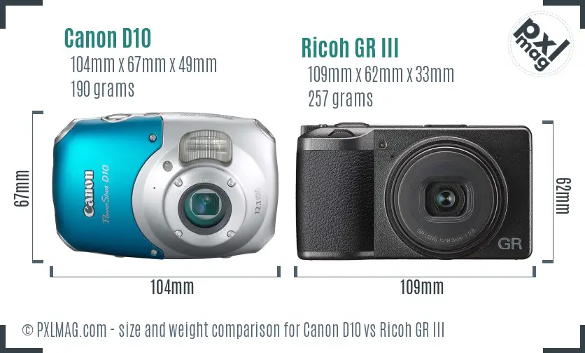 Canon D10 vs Ricoh GR III size comparison