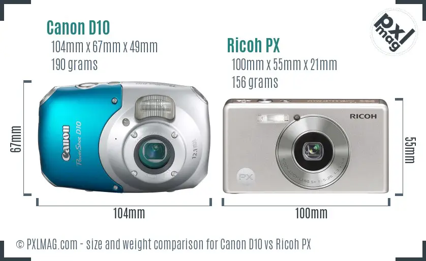 Canon D10 vs Ricoh PX size comparison