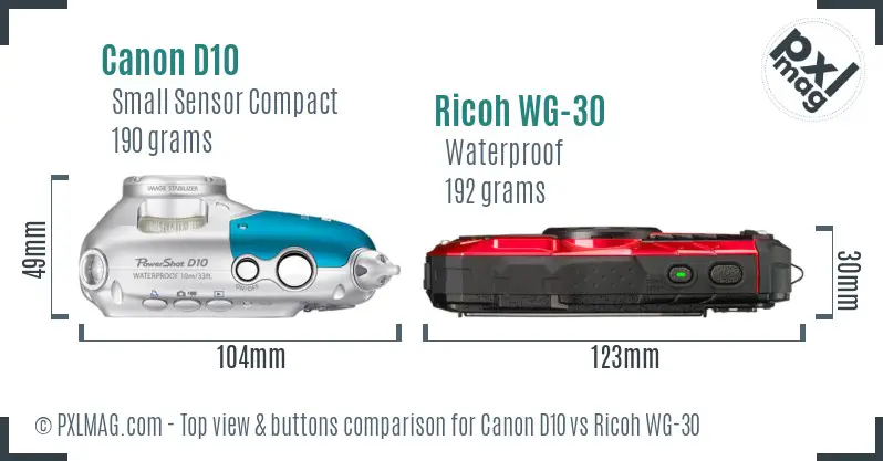 Canon D10 vs Ricoh WG-30 top view buttons comparison Canon D10 vs Ricoh WG-30 top view buttons comparison