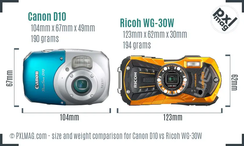 Canon D10 vs Ricoh WG-30W size comparison Canon D10 vs Ricoh WG-30W size comparison