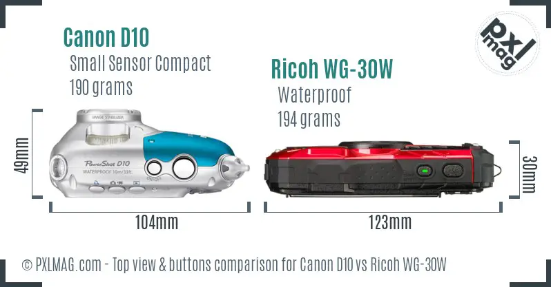 Canon D10 vs Ricoh WG-30W top view buttons comparison Canon D10 vs Ricoh WG-30W top view buttons comparison