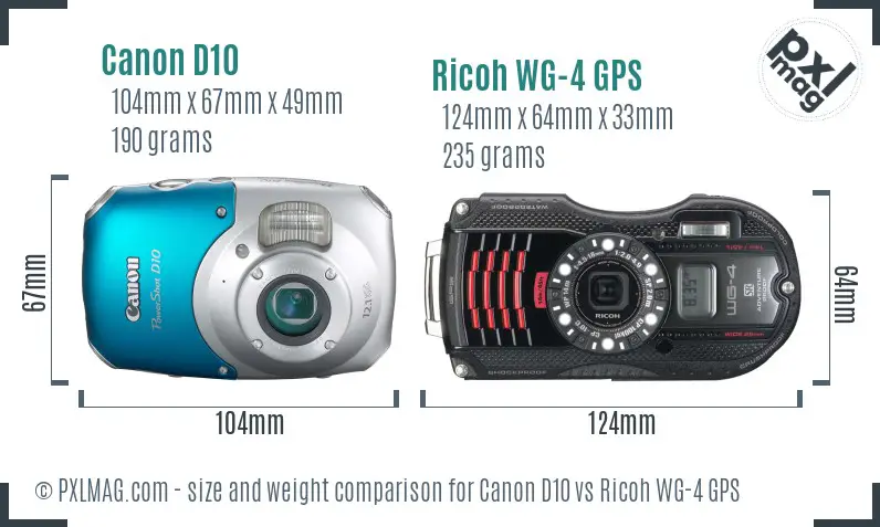 Canon D10 vs Ricoh WG-4 GPS size comparison