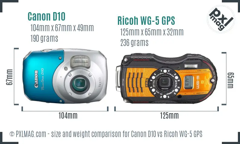 Canon D10 vs Ricoh WG-5 GPS size comparison