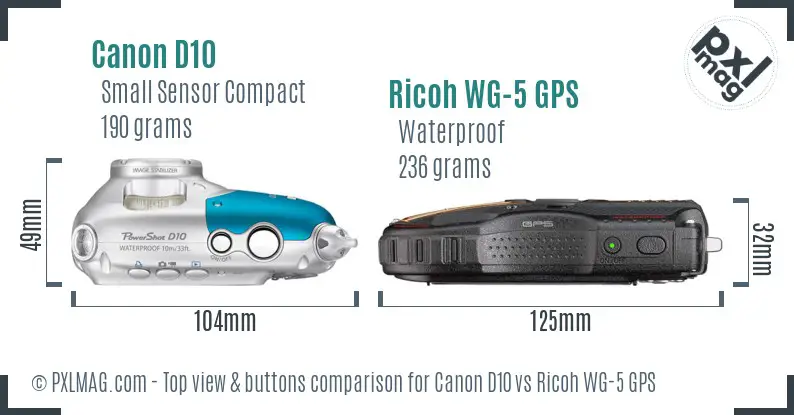 Canon D10 vs Ricoh WG-5 GPS top view buttons comparison