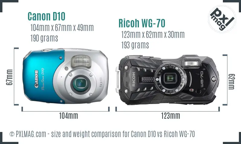 Canon D10 vs Ricoh WG-70 size comparison Canon D10 vs Ricoh WG-70 size comparison