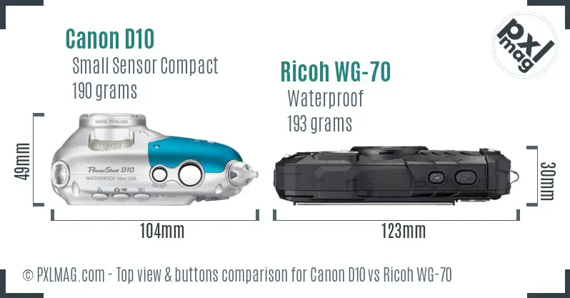 Canon D10 vs Ricoh WG-70 top view buttons comparison Canon D10 vs Ricoh WG-70 top view buttons comparison