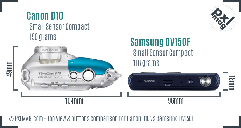 Canon D10 vs Samsung DV150F top view buttons comparison