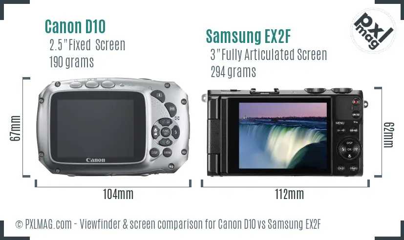Canon D10 vs Samsung EX2F Screen and Viewfinder comparison