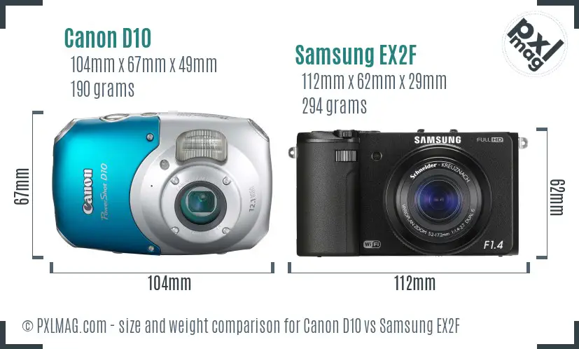 Canon D10 vs Samsung EX2F size comparison