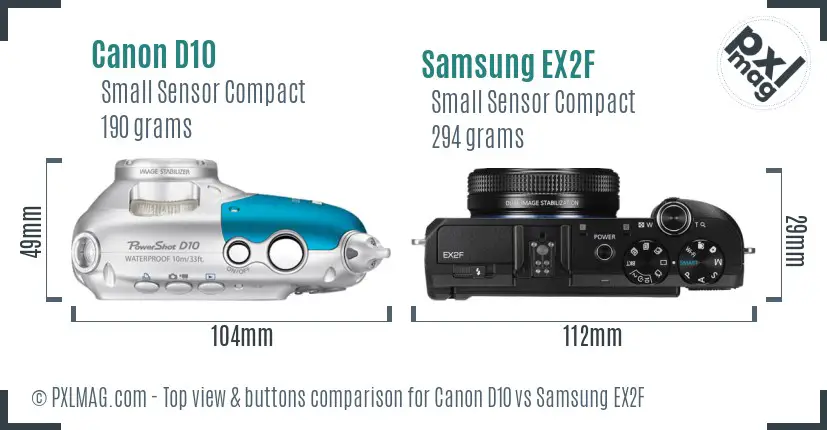 Canon D10 vs Samsung EX2F top view buttons comparison
