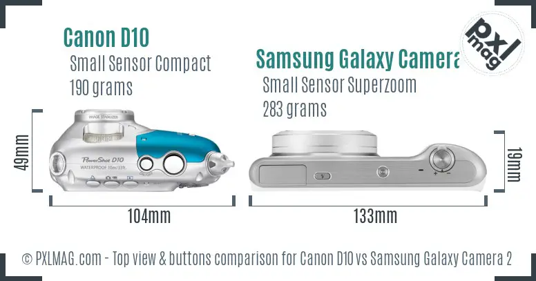 Canon D10 vs Samsung Galaxy Camera 2 top view buttons comparison