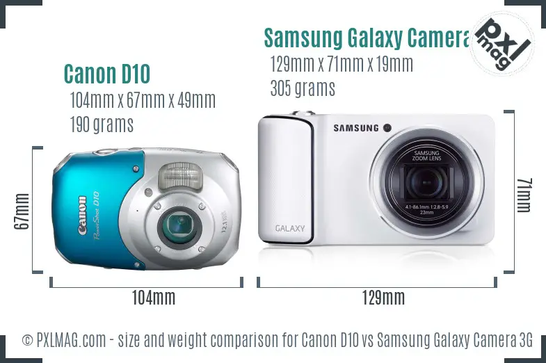 Canon D10 vs Samsung Galaxy Camera 3G size comparison