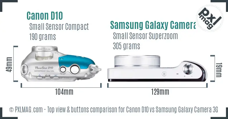 Canon D10 vs Samsung Galaxy Camera 3G top view buttons comparison