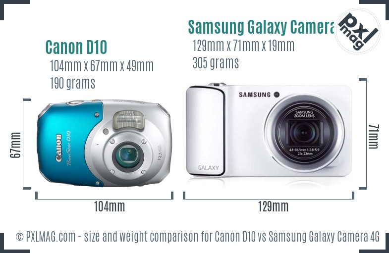 Canon D10 vs Samsung Galaxy Camera 4G size comparison