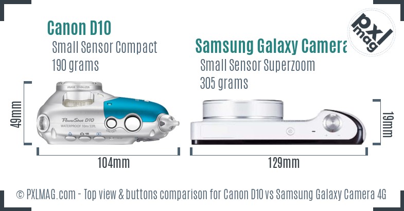 Canon D10 vs Samsung Galaxy Camera 4G top view buttons comparison