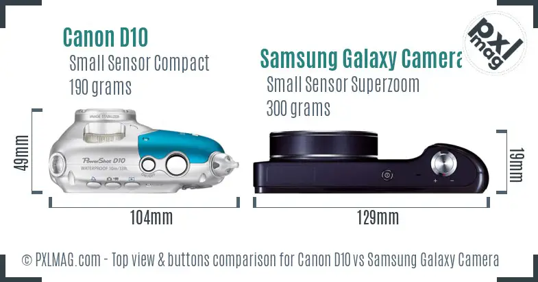 Canon D10 vs Samsung Galaxy Camera top view buttons comparison