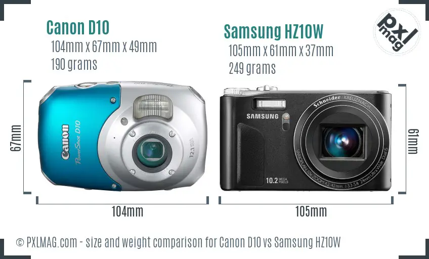 Canon D10 vs Samsung HZ10W size comparison Canon D10 vs Samsung HZ10W size comparison