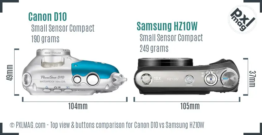 Canon D10 vs Samsung HZ10W top view buttons comparison Canon D10 vs Samsung HZ10W top view buttons comparison
