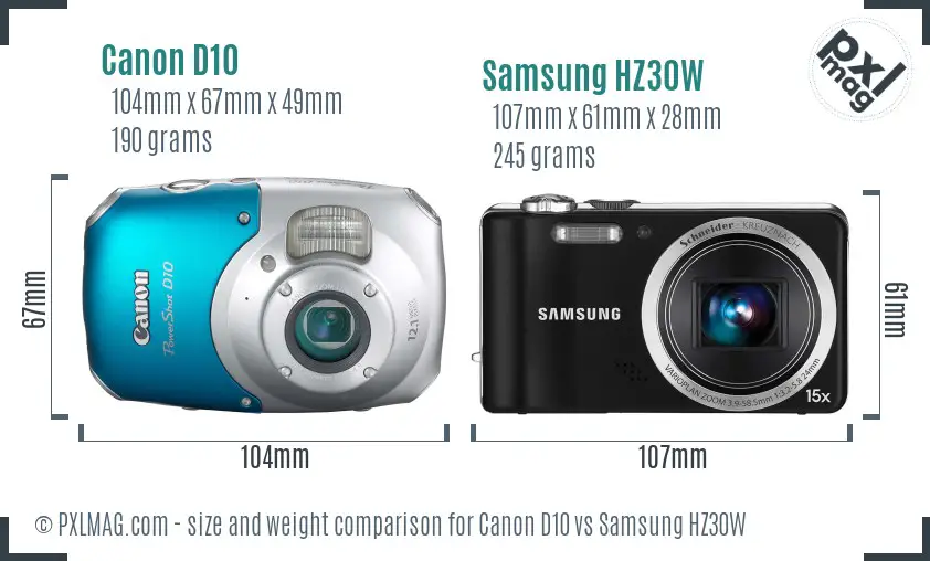 Canon D10 vs Samsung HZ30W size comparison