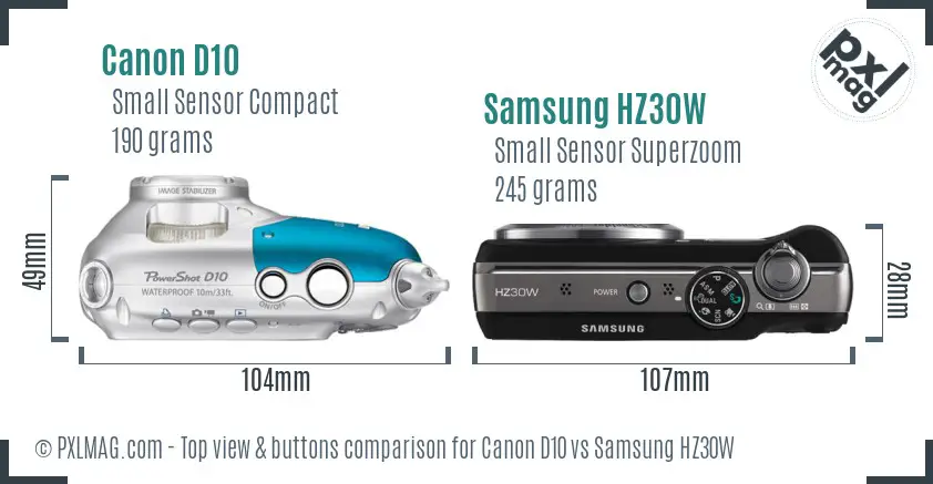 Canon D10 vs Samsung HZ30W top view buttons comparison