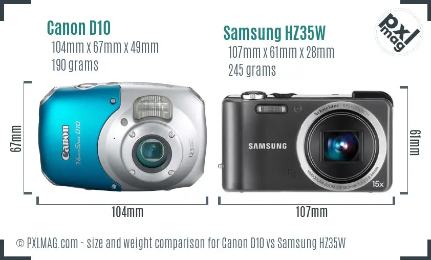 Canon D10 vs Samsung HZ35W size comparison