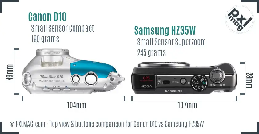 Canon D10 vs Samsung HZ35W top view buttons comparison