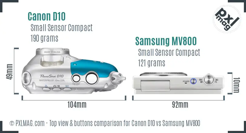 Canon D10 vs Samsung MV800 top view buttons comparison