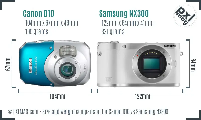 Canon D10 vs Samsung NX300 size comparison