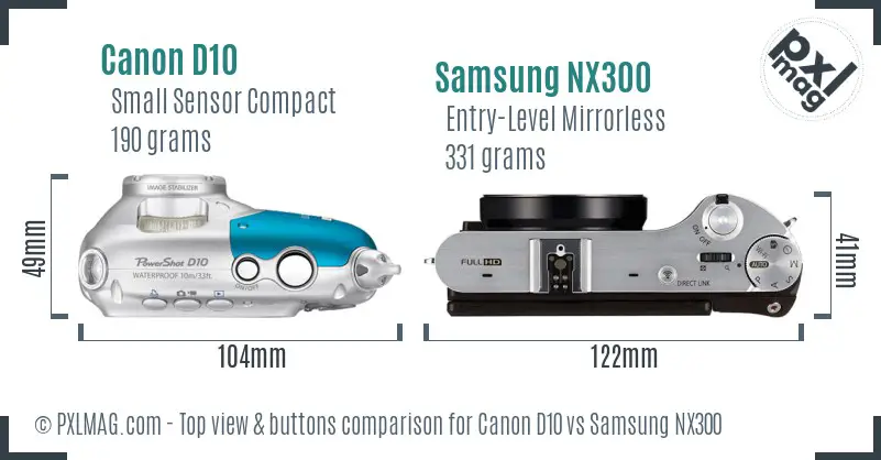 Canon D10 vs Samsung NX300 top view buttons comparison
