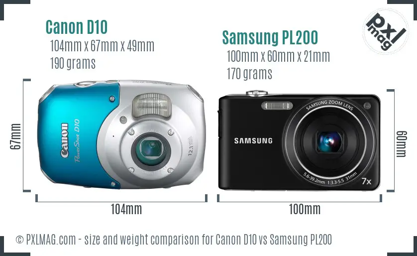 Canon D10 vs Samsung PL200 size comparison