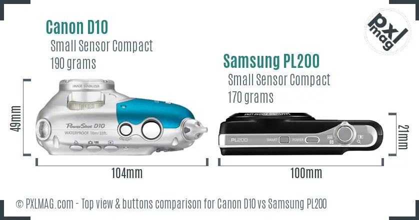 Canon D10 vs Samsung PL200 top view buttons comparison