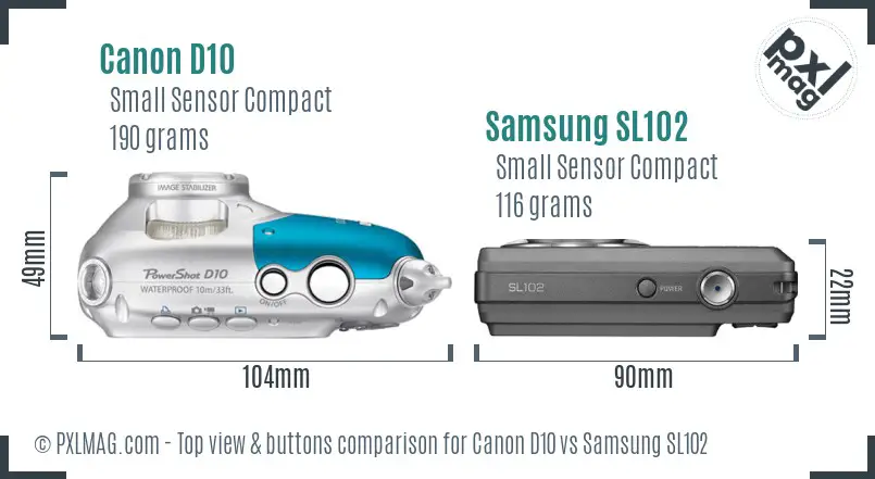 Canon D10 vs Samsung SL102 top view buttons comparison Canon D10 vs Samsung SL102 top view buttons comparison