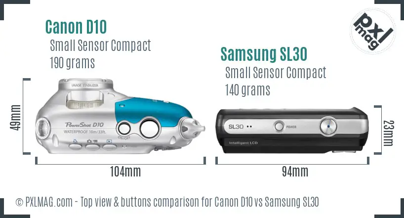 Canon D10 vs Samsung SL30 top view buttons comparison