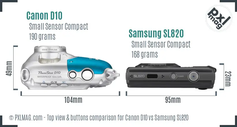 Canon D10 vs Samsung SL820 top view buttons comparison