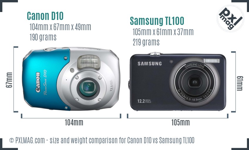 Canon D10 vs Samsung TL100 size comparison Canon D10 vs Samsung TL100 size comparison