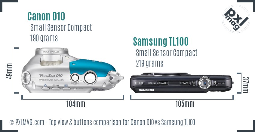 Canon D10 vs Samsung TL100 top view buttons comparison