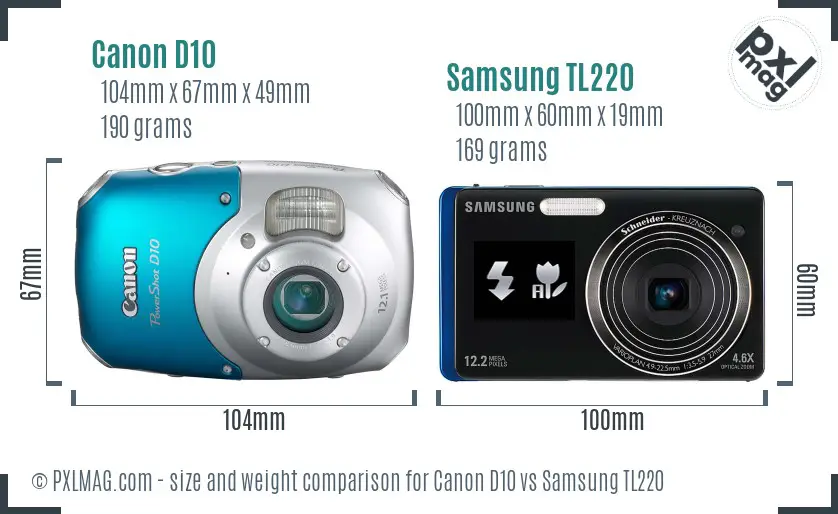 Canon D10 vs Samsung TL220 size comparison