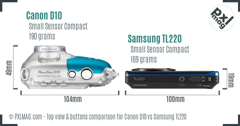Canon D10 vs Samsung TL220 top view buttons comparison