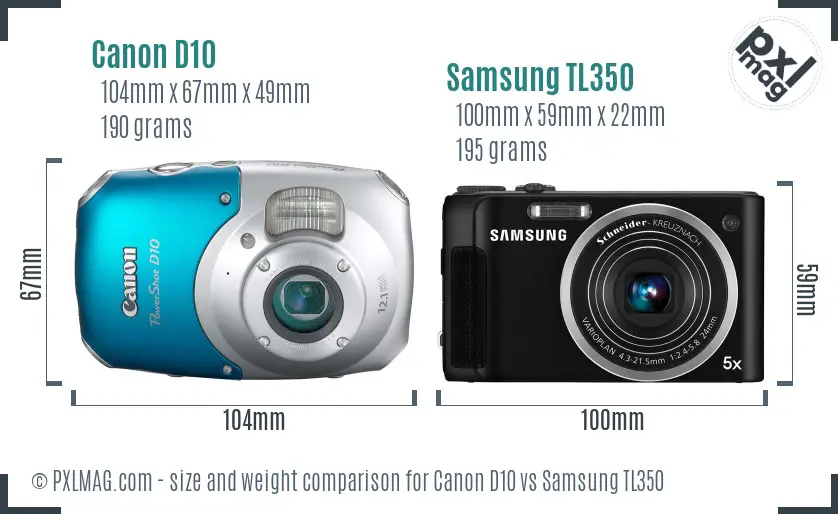 Canon D10 vs Samsung TL350 size comparison