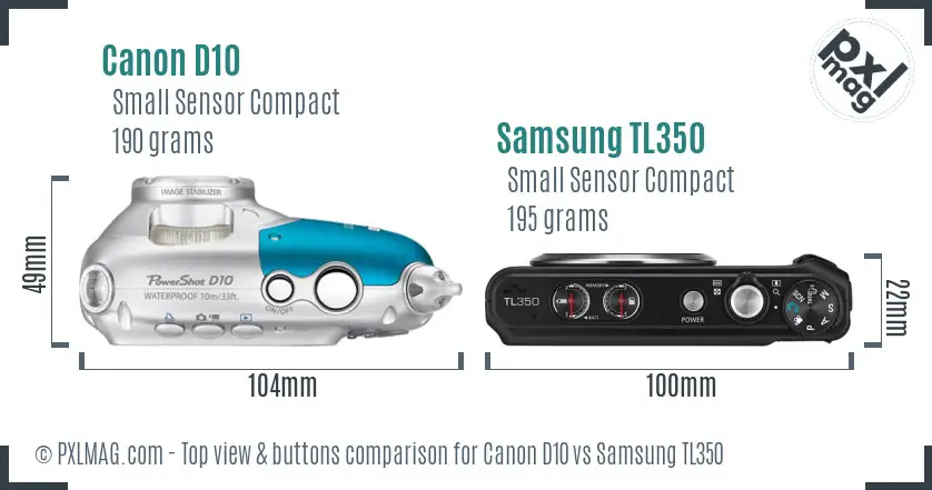 Canon D10 vs Samsung TL350 top view buttons comparison
