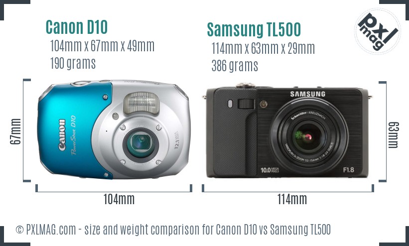 Canon D10 vs Samsung TL500 size comparison