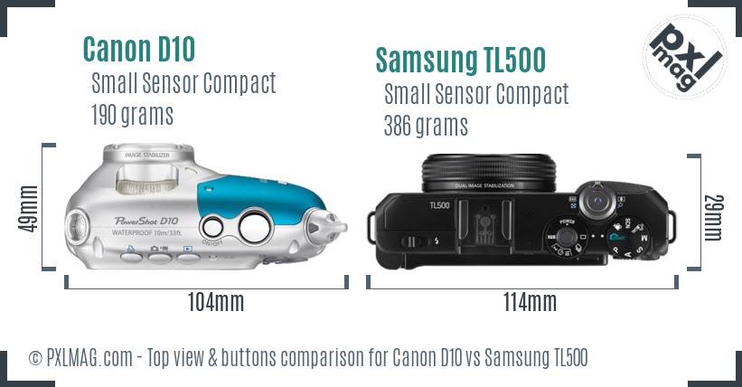 Canon D10 vs Samsung TL500 top view buttons comparison