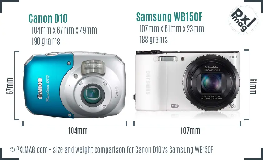 Canon D10 vs Samsung WB150F size comparison
