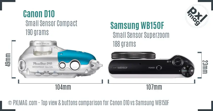 Canon D10 vs Samsung WB150F top view buttons comparison
