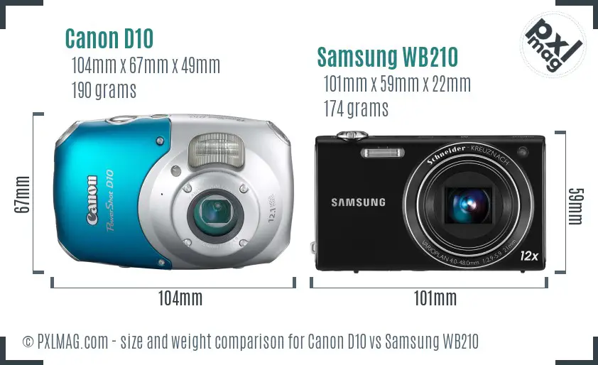 Canon D10 vs Samsung WB210 size comparison