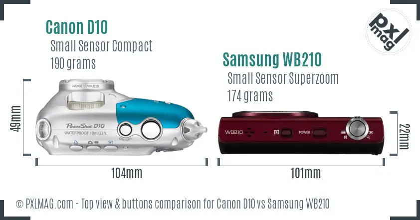 Canon D10 vs Samsung WB210 top view buttons comparison