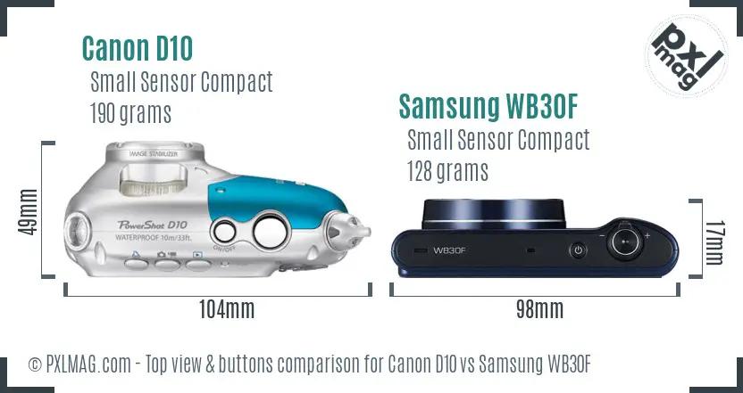 Canon D10 vs Samsung WB30F top view buttons comparison Canon D10 vs Samsung WB30F top view buttons comparison