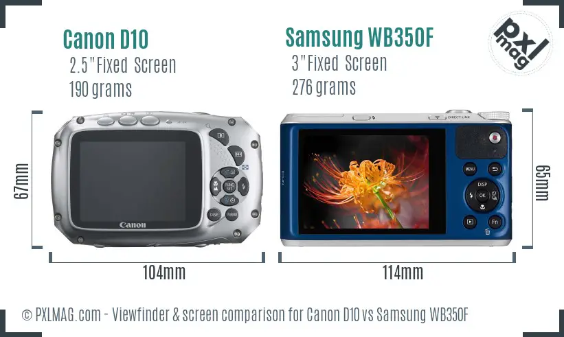 Canon D10 vs Samsung WB350F Screen and Viewfinder comparison