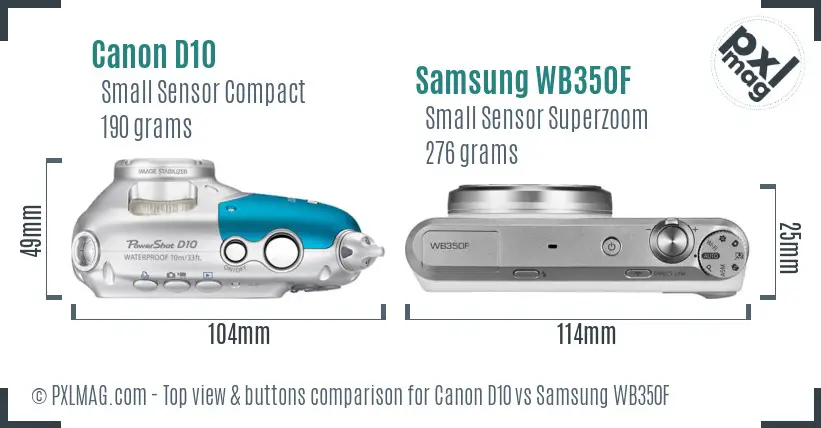 Canon D10 vs Samsung WB350F top view buttons comparison