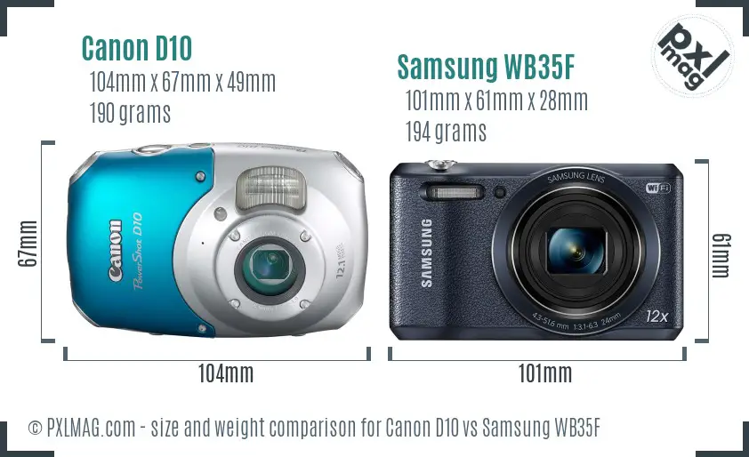 Canon D10 vs Samsung WB35F size comparison
